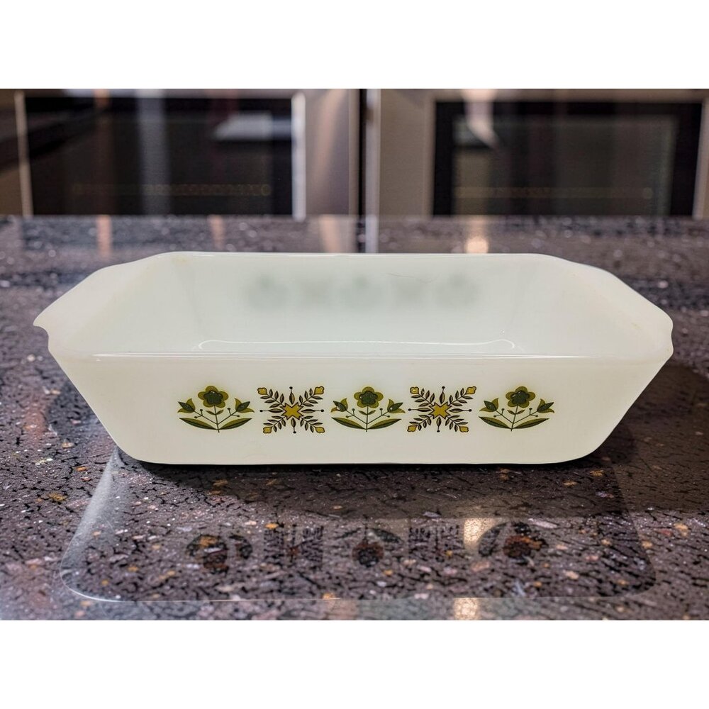 Vintage 60-70's Fire King Anchor Hocking Meadow Green Pattern Loafpan